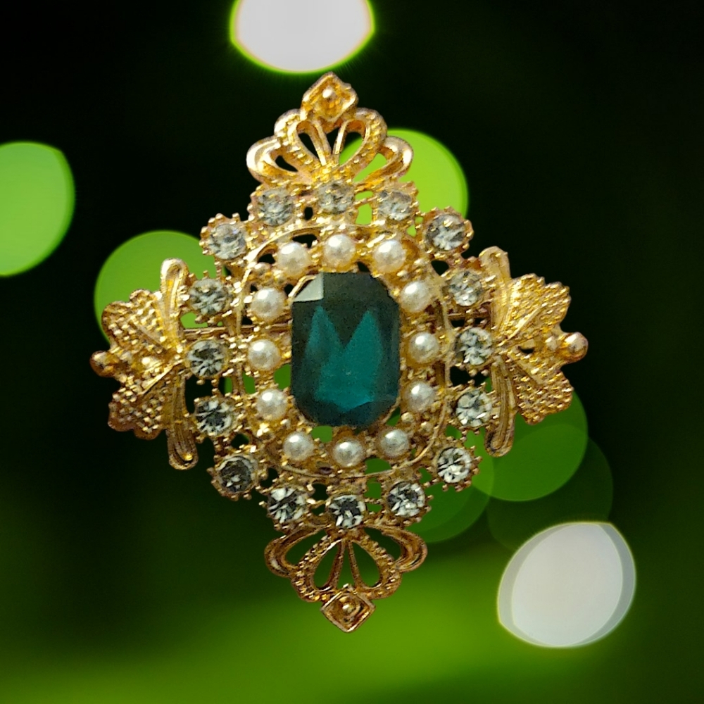 Rhinestone and Faux Pearl Filigree Brooch